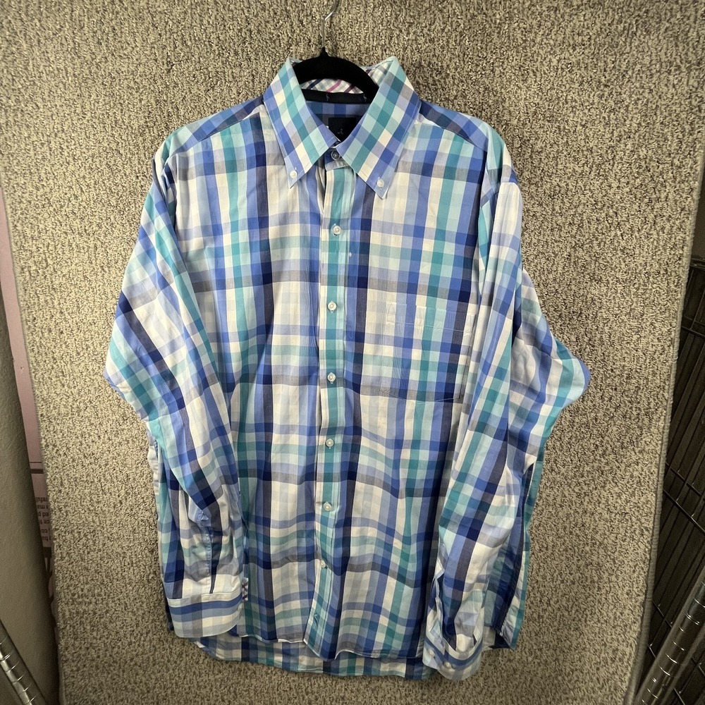 Tailorbyrd Collection Shirt Mens XL Blue Green Plaid Long Sleeve Button Down EUC